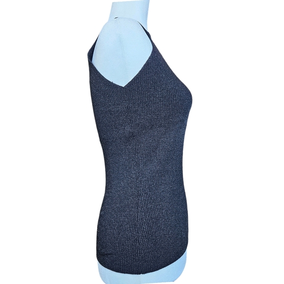 Vintage black halter top deep V front & back metallic thread body con size M - Picture 3 of 10